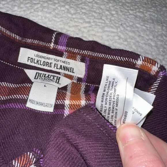 Duluth Trading Co Large Folklore Women’s Flannel Shirt Purple Orange Plaid EUC - Picture 9 of 13